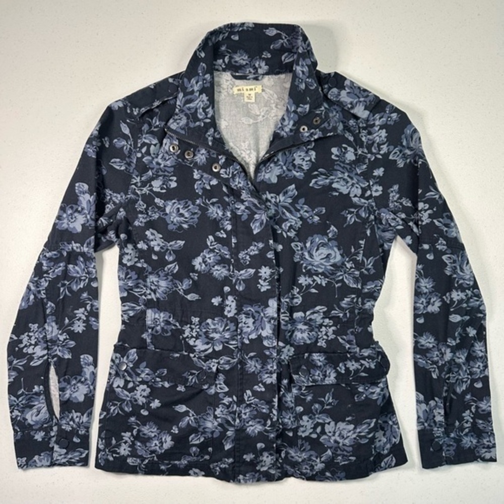 Mi Ami Women Navy Floral Utility Field Jacket Size Medium Full Zip Snap Front